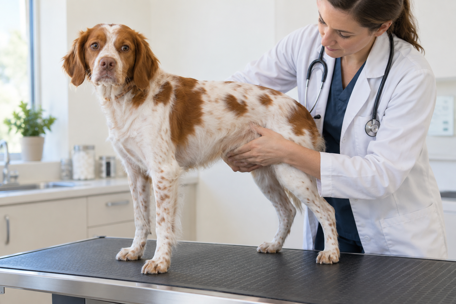Veterinárka vyšetruje sučku na ambulancii
